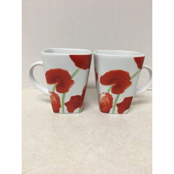 Food Network Porcelain Set Of 2 Poppy Flowers  Square Mugs 12oz - Picture 1 of 8